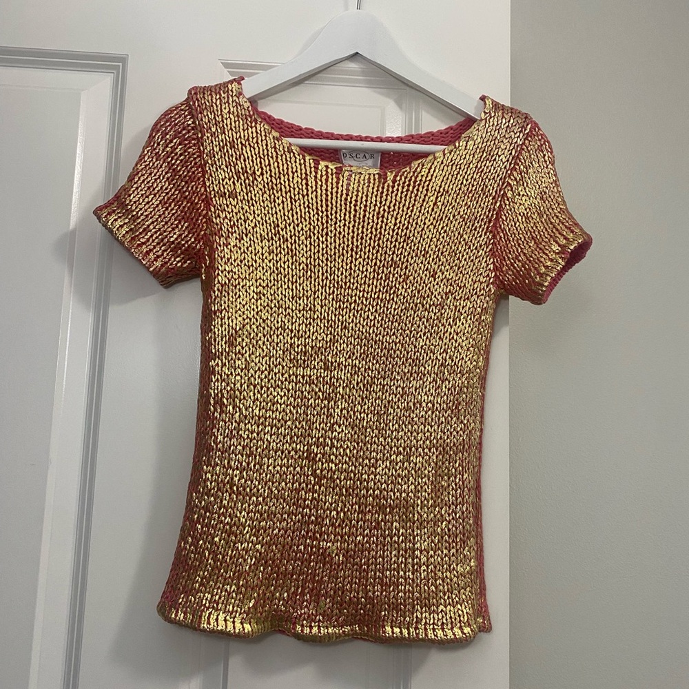 Oscar de la Renta Sweater VTG extra-small Coral Gold Shimmer Short Sleeve Ribbed